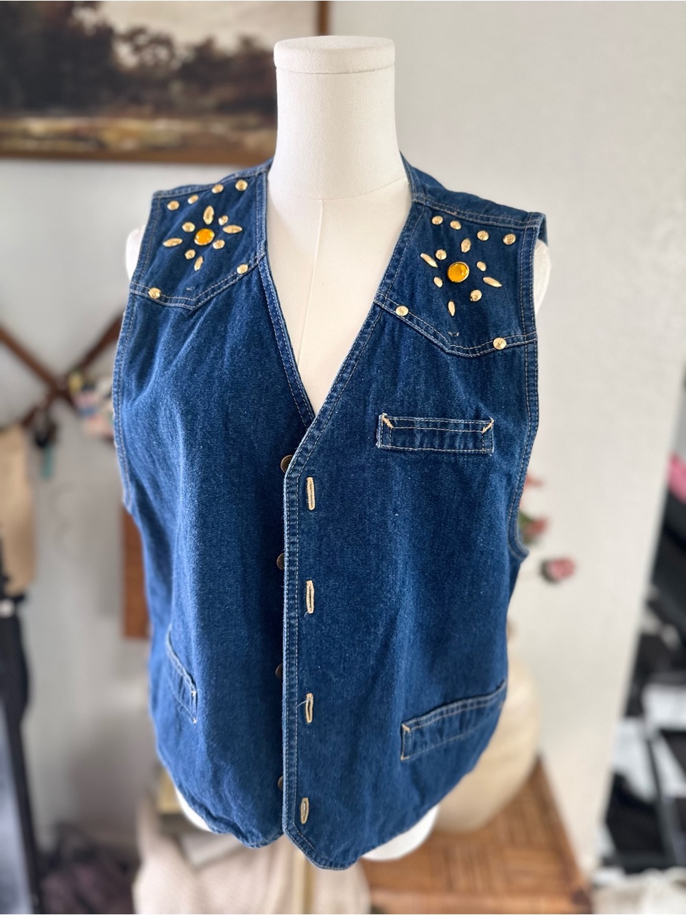 Dreams Medium Denim Button-Up Vest with Gold Studs